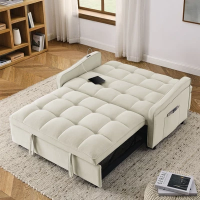 NicBex Loveseat Sofa Modern Comfy Upholstered Sleeper Sofa Bed With Adjustable Back And 2 Arm Pocket & USB Port For Living Room,Beige 6 NicBex Loveseat Sofa Modern Comfy Upholstered Sleeper Sofa Bed With Adjustable Back And 2 Arm Pocket & USB Port For Living Room,Beige - Image 4