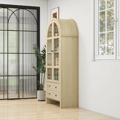 NicBex Natural Tall Arched Kitchen Pantry Cabinet With Storage Drawers & Glass Doors,Versatile Cupboard Buffet Cabinet For Kitchen,Dining Room 4 NicBex Natural Tall Arched Kitchen Pantry Cabinet With Storage Drawers & Glass Doors,Versatile Cupboard Buffet Cabinet For Kitchen,Dining Room - Image 2