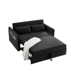 NicBex 3-in-1 Adjustable Velvet Sleeper With Pull-out Bed, USB Port, 2 Lumbar Pillows And Side Pocket