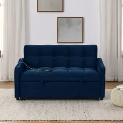 NicBex Loveseat Sofa Modern Comfy Upholstered Sleeper Sofa Bed With Adjustable Back And 2 Arm Pocket & USB Port For Living Room,Blue