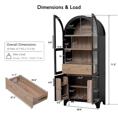 NicBex Tall Arched Kitchen Pantry Cabinet With 2 Drawers, Kitchen Storage Cabinets With Glass Door, Wood Cupboard For Kitchen Dining Room 6 NicBex Tall Arched Kitchen Pantry Cabinet With 2 Drawers, Kitchen Storage Cabinets With Glass Door, Wood Cupboard For Kitchen Dining Room - Image 5