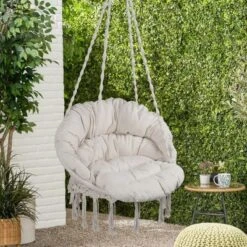 NicBex Indoor Outdoor Hammock Swing Chair With Cotton Rope And Cushion For Patio Bedroom Porch Garden,Beige