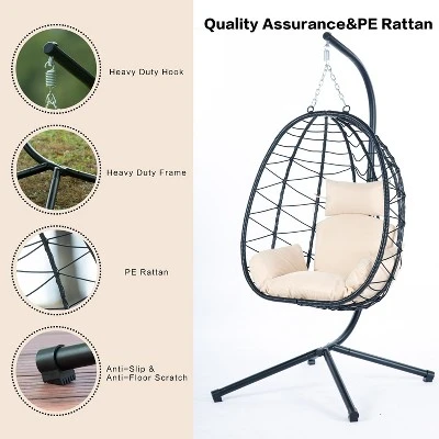 NicBex Egg Chair Indoor&Outdoor,Porch Swing With Cushion,Wicker Hanging Chair With Stand,Hammock Chair For For Bedroom,Balcony,Beige 5 NicBex Egg Chair Indoor&Outdoor,Porch Swing With Cushion,Wicker Hanging Chair With Stand,Hammock Chair For For Bedroom,Balcony,Beige - Image 3