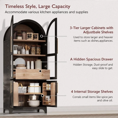 NicBex Tall Arched Kitchen Pantry Cabinet With 2 Drawers, Kitchen Storage Cabinets With Glass Door, Wood Cupboard For Kitchen Dining Room 5 NicBex Tall Arched Kitchen Pantry Cabinet With 2 Drawers, Kitchen Storage Cabinets With Glass Door, Wood Cupboard For Kitchen Dining Room - Image 4