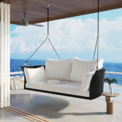 NicBex 2-Seat Rattan Woven Hanging Porch Swing With Chains,Cushion And 2 Pillow For Patio Bedroom Porch Garden