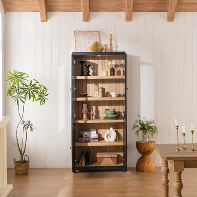 NicBex Vintage Tall Bookshelves Pantry Cabinet With Glass Doors & Adjustable Shelves,Display Buffet Cabinet For Hallways,Living Room,Kitchen 5 NicBex Vintage Tall Bookshelves Pantry Cabinet With Glass Doors & Adjustable Shelves,Display Buffet Cabinet For Hallways,Living Room,Kitchen - Image 3