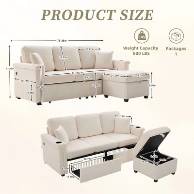 NicBex Modern Corduroy Sectional Sofa Futon Couch With Storage Ottoman,Comfortable 3-Seat Sofa Couch For Living Room,Apartment 6 NicBex Modern Corduroy Sectional Sofa Futon Couch With Storage Ottoman,Comfortable 3-Seat Sofa Couch For Living Room,Apartment - Image 4