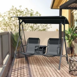 NicBex 2-Seat Outdoor Patio Swing Chair With Pivot Storage Table,Cup Holder And Adjustable Shade For Patio Bedroom Garden