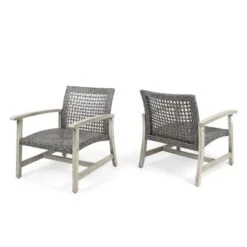 NicBex Set Of 2 Antique-Style Wicker Club Chair, Weather-Resistant Outdoor Dining Chairs With Acacia Wood & Wicker, Gray