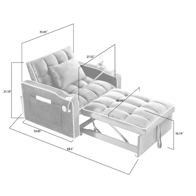 NicBex 3-in-1 Convertible Sleeper Chair,Multi-Pockets Folding Sofa Bed ,Comfortable Couches With USB Port And Type-C Port For Living Room,Gray/Black 4 NicBex 3-in-1 Convertible Sleeper Chair,Multi-Pockets Folding Sofa Bed ,Comfortable Couches With USB Port And Type-C Port For Living Room,Gray/Black - Image 2