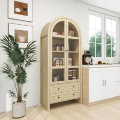 NicBex Natural Tall Arched Kitchen Pantry Cabinet With Storage Drawers & Glass Doors,Versatile Cupboard Buffet Cabinet For Kitchen,Dining Room