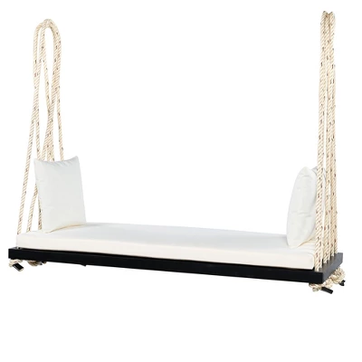 NicBex Patio Wooden Hanging Chair,Porch Swing With Cushion&Pillows,Outdoor Swing Chair With 10.8ft Rope,Swing Sets For Backyard,Lawn,Garden,Natural 4 NicBex Patio Wooden Hanging Chair,Porch Swing With Cushion&Pillows,Outdoor Swing Chair With 10.8ft Rope,Swing Sets For Backyard,Lawn,Garden,Natural - Image 2