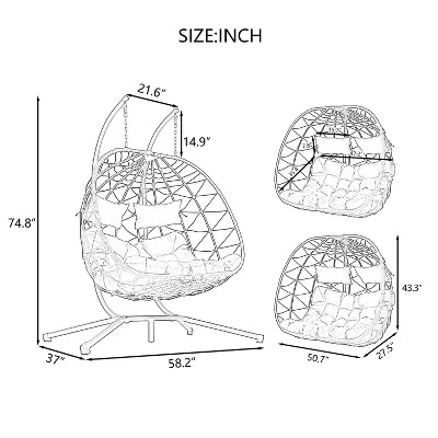 NicBex 2-Seat Indoor Outdoor Wicker Hanging Egg Chair With Cushion And Stand For Patio Bedroom Porch Garden 4 NicBex 2-Seat Indoor Outdoor Wicker Hanging Egg Chair With Cushion And Stand For Patio Bedroom Porch Garden - Image 2