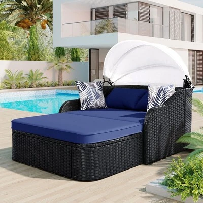 NicBex Double Chaise Lounge Chair With Adjustable Canopy - PE Rattan Daybed, Black Frame & Beige Cushions For Yard, Garden 8 NicBex Double Chaise Lounge Chair With Adjustable Canopy - PE Rattan Daybed, Black Frame & Beige Cushions For Yard, Garden - Image 6