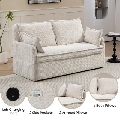 NicBex Convertible Pull Out Sofa Bed Loveseat Couch With Charging Ports & Side Storage,Chenille Fabric Sleeper Sofa For Living Room,Bedroom,White59.5" 5 NicBex Convertible Pull Out Sofa Bed Loveseat Couch With Charging Ports & Side Storage,Chenille Fabric Sleeper Sofa For Living Room,Bedroom,White59.5" - Image 3