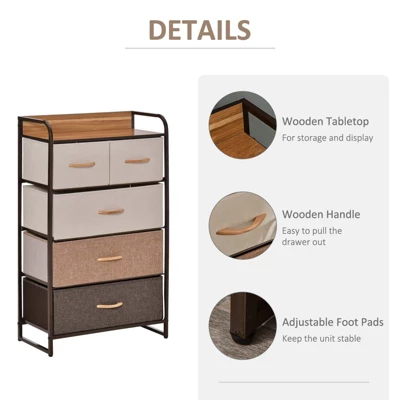 NicBex 5 Drawers Dresser For Bedroom,Fabric Dresser With Wooden Platform,Dressers For Kids Room,Living Room,Entry And Hallway,Brown 6 NicBex 5 Drawers Dresser For Bedroom,Fabric Dresser With Wooden Platform,Dressers For Kids Room,Living Room,Entry And Hallway,Brown - Image 4