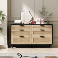 NicBex Rattan Dresser With 6 Drawers For Bedroom,Modern Style Rattan Drawers With Metal Pulls,Dressers For Kids Room,Living Room,Entry And Hallway -Nicbex GUEST 8181ac54 d239 453d 9060 04bcbe6ee5a9