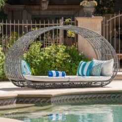 Outside Garden Wicker Overhead Canopy Daybed With Water Resistant Cushion-Christopher Knight Home -Nicbex GUEST 84cc7919 b9cb 4db2 87af aa1ba3cfa2d9