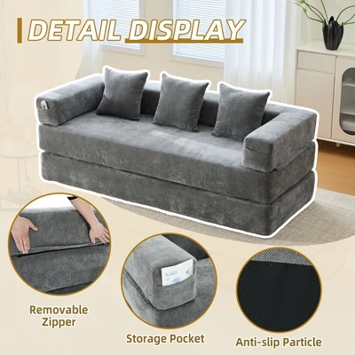 NicBex Modern Folding Chenille Futon Sofa Bed With Sleeping Mattress & Pillows,Convertible Floor Sleeper Couch For Living Room,Apartment 4 NicBex Modern Folding Chenille Futon Sofa Bed With Sleeping Mattress & Pillows,Convertible Floor Sleeper Couch For Living Room,Apartment - Image 2