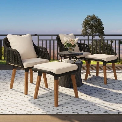 NicBex Outdoor Dining Table Set Wicker Bar Table With Upholstered Chairs & Ottomans,Patio Furniture Bistro Set For Garden,Backyard,Poolside 4 NicBex Outdoor Dining Table Set Wicker Bar Table With Upholstered Chairs & Ottomans,Patio Furniture Bistro Set For Garden,Backyard,Poolside - Image 2