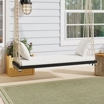 NicBex Patio Wooden Hanging Chair,Porch Swing With Cushion&Pillows,Outdoor Swing Chair With 10.8ft Rope,Swing Sets For Backyard,Lawn,Garden,Natural 5 NicBex Patio Wooden Hanging Chair,Porch Swing With Cushion&Pillows,Outdoor Swing Chair With 10.8ft Rope,Swing Sets For Backyard,Lawn,Garden,Natural - Image 3