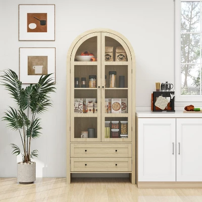 NicBex Natural Tall Arched Kitchen Pantry Cabinet With Storage Drawers & Glass Doors,Versatile Cupboard Buffet Cabinet For Kitchen,Dining Room 7 NicBex Natural Tall Arched Kitchen Pantry Cabinet With Storage Drawers & Glass Doors,Versatile Cupboard Buffet Cabinet For Kitchen,Dining Room - Image 5