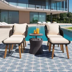 NicBex Outdoor Dining Table Set Wicker Bar Table With Upholstered Chairs & Ottomans,Patio Furniture Bistro Set For Garden,Backyard,Poolside
