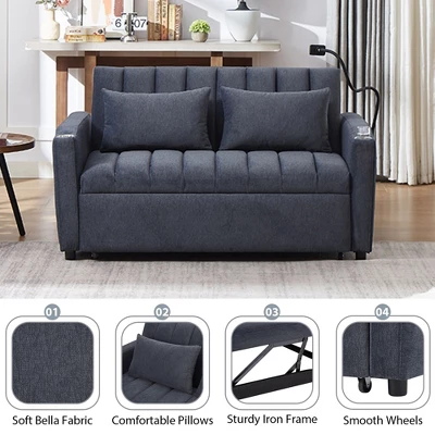 NicBex 2 Seater Loveseat Sofa Modern Convertible Pull-Out Sofa Bed With 3 USB Ports & 2 Side Pockets For Bedroom,Living Room,Blue 5 NicBex 2 Seater Loveseat Sofa Modern Convertible Pull-Out Sofa Bed With 3 USB Ports & 2 Side Pockets For Bedroom,Living Room,Blue - Image 3
