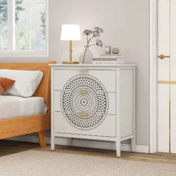 NicBex 3 Drawers Dresser For Bedroom With Hollow-Carved,Chest Of Drawers With Metal Handles Design,Storage Dressers For Bedroom