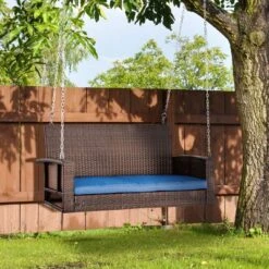 NicBex 2-Seat Wicker Hanging Swing Bench With Chains And Cushions For Patio Bedroom Porch Garden