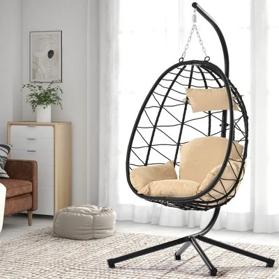 NicBex Egg Chair Indoor&Outdoor,Porch Swing With Cushion,Wicker Hanging Chair With Stand,Hammock Chair For For Bedroom,Balcony,Beige 7 NicBex Egg Chair Indoor&Outdoor,Porch Swing With Cushion,Wicker Hanging Chair With Stand,Hammock Chair For For Bedroom,Balcony,Beige - Image 5
