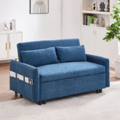 NicBex Loveseat Sofa Modern Upholstered Sleeper Sofa Bed With Adjustable Backrest And Storage Pockets For Bedroom,Living Room,Blue