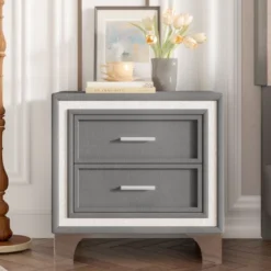 NicBex Mid-Century Velvet Night Stand With Drawers,Modern Nightstand With Silver Stripes,Side Table With Metal Legs,Bedroom Furniture -Nicbex GUEST d9e0debc 98dd 458d ad96 1ca3fc77490e