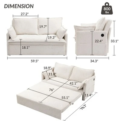 NicBex Convertible Pull Out Sofa Bed Loveseat Couch With Charging Ports & Side Storage,Chenille Fabric Sleeper Sofa For Living Room,Bedroom,White59.5" 6 NicBex Convertible Pull Out Sofa Bed Loveseat Couch With Charging Ports & Side Storage,Chenille Fabric Sleeper Sofa For Living Room,Bedroom,White59.5" - Image 4