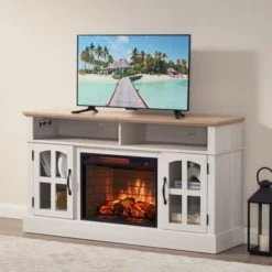 NicBex Modern 58 Inch Fireplace TV Stand Entertainment Center With 2 Glass Doors 23 Inch Electric Fireplace With Realistic LED Flames,Beige