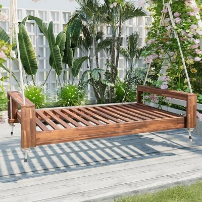 NicBex Twin Size Porch Swing Bed,Outdoor Swing Chair With Hemp Ropes,Patio Swing With Acacia Wood,Swing Sets For Backyard,Garden,Black 9 NicBex Twin Size Porch Swing Bed,Outdoor Swing Chair With Hemp Ropes,Patio Swing With Acacia Wood,Swing Sets For Backyard,Garden,Black - Image 7