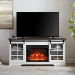 NicBex Fireplace TV Stand With 23"Electric Fireplace Insert Modern Sliding Glass Doors Media Entertainment Center For TV Up To 65",White