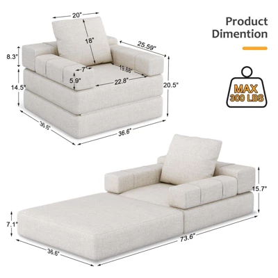 NicBex Linen Futon Sofa Chair One Click Foldable Design Space Saving Sleeper Couch Apartment Living Essential Easy Assembly 5 NicBex Linen Futon Sofa Chair One Click Foldable Design Space Saving Sleeper Couch Apartment Living Essential Easy Assembly - Image 3