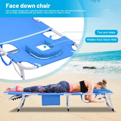 NicBex 3-in-1 Heavy Duty Folding Chaise Lounge, Lay Flat Tanning Chair With Face Hole, 5-Position Adjustable, Portable For Beach, Pool, Blue 4 NicBex 3-in-1 Heavy Duty Folding Chaise Lounge, Lay Flat Tanning Chair With Face Hole, 5-Position Adjustable, Portable For Beach, Pool, Blue - Image 2