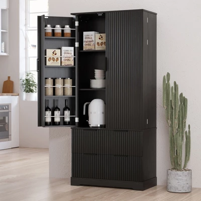 NicBex Modern Fluted High Kitchen Pantry Cabinet With Adjustable Storage & Drawers,Freestanding Cupboard Buffet Cabinet For Kitchen,Dining Room 7 NicBex Modern Fluted High Kitchen Pantry Cabinet With Adjustable Storage & Drawers,Freestanding Cupboard Buffet Cabinet For Kitchen,Dining Room - Image 5